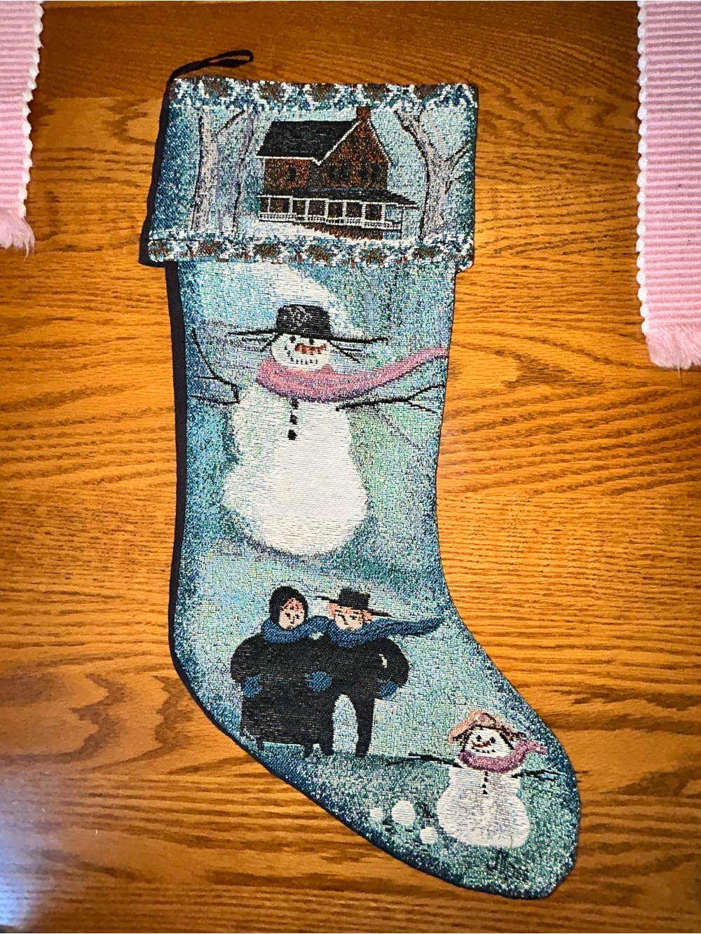 Vintage P Buckley Moss Tapestry Christmas Stocking - Snowman - Cabin -
